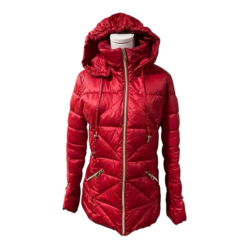 Nine West Red Puffer Coat with Hood‎ & Gold Accents – Women’s Size Small